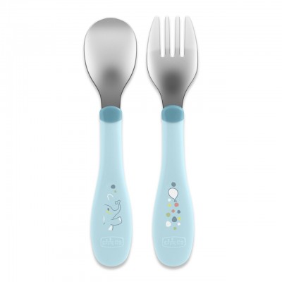 Chicco Metallbesteck Besteckset aus Edelstahl 18M + Hellblau Set Posate Chicco Metal Cutlery in Acciaio 18M+ Azzurro