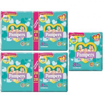 Kit Pannolini Pampers Baby Dry Midi 4-9 Kg Misura 3 - 2 Bipack da 56pz + 1 Pacco da 20pz